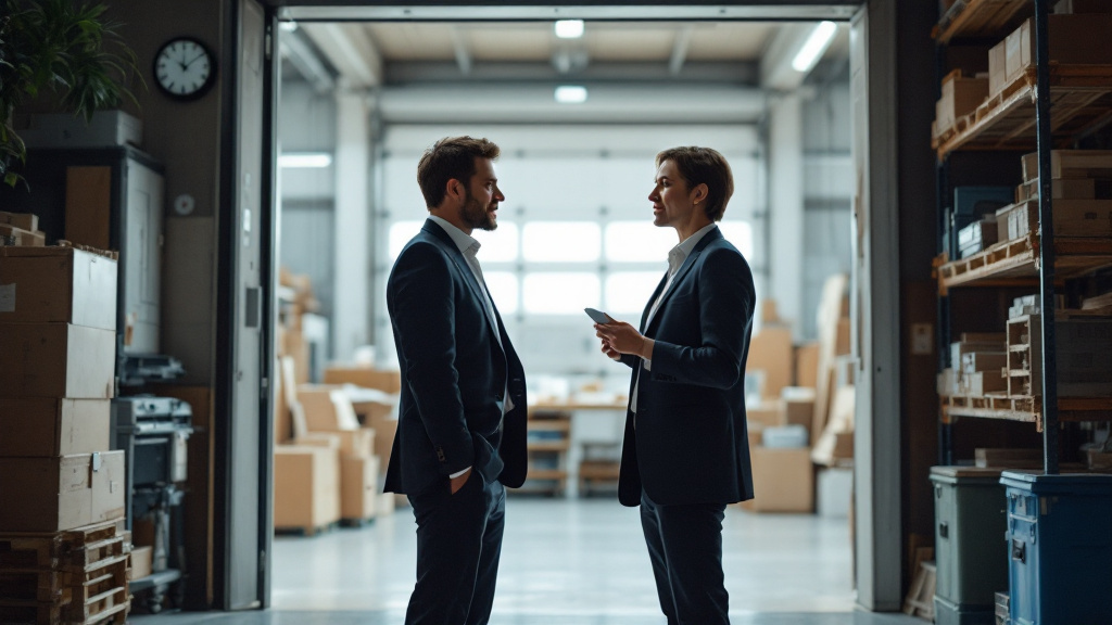 Gestor de cobros hablando cara a cara con el responsable de una empresa en la entrada de un taller