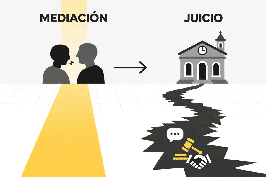 diagrama-masc-comparativa-mediacion-vs-juicio Diagrama conceptual que compara el camino directo de la Mediación MASC con el camino más largo y complejo del Juicio, destacando la eficiencia y la nueva regulación.