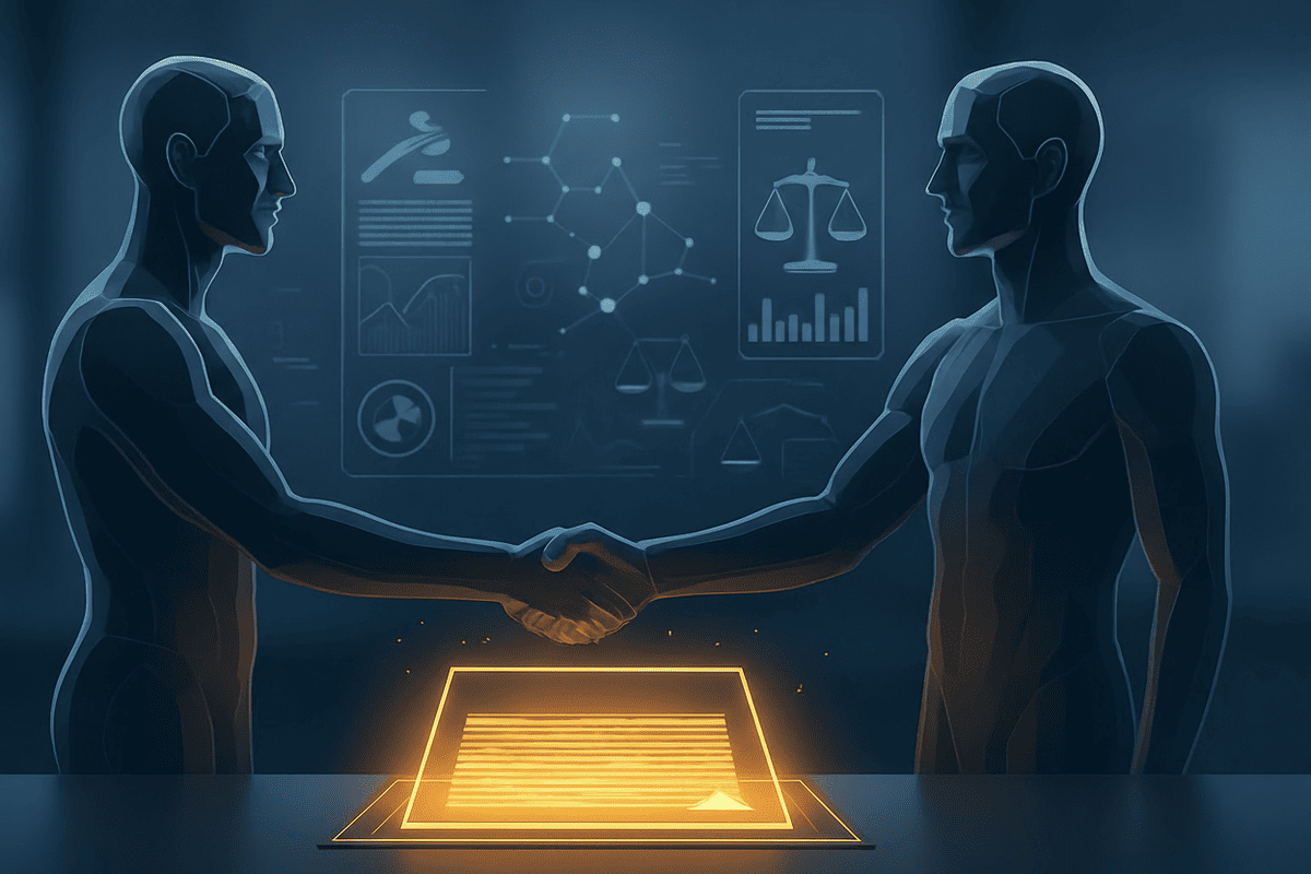 ley-masc-recobro-deudas-abogados-celtica Representación digital de la Ley MASC y el recobro de deudas: dos figuras llegando a un acuerdo de mediación mercantil sobre un contrato legal.